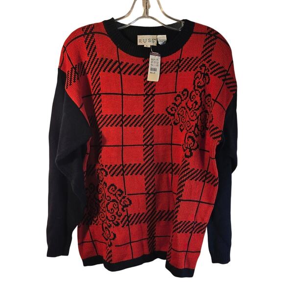 Vintage Russ Red & Black Plaid Sweater NWT, Size L – Cozy & Bold [0281] - Picture 1 of 8
